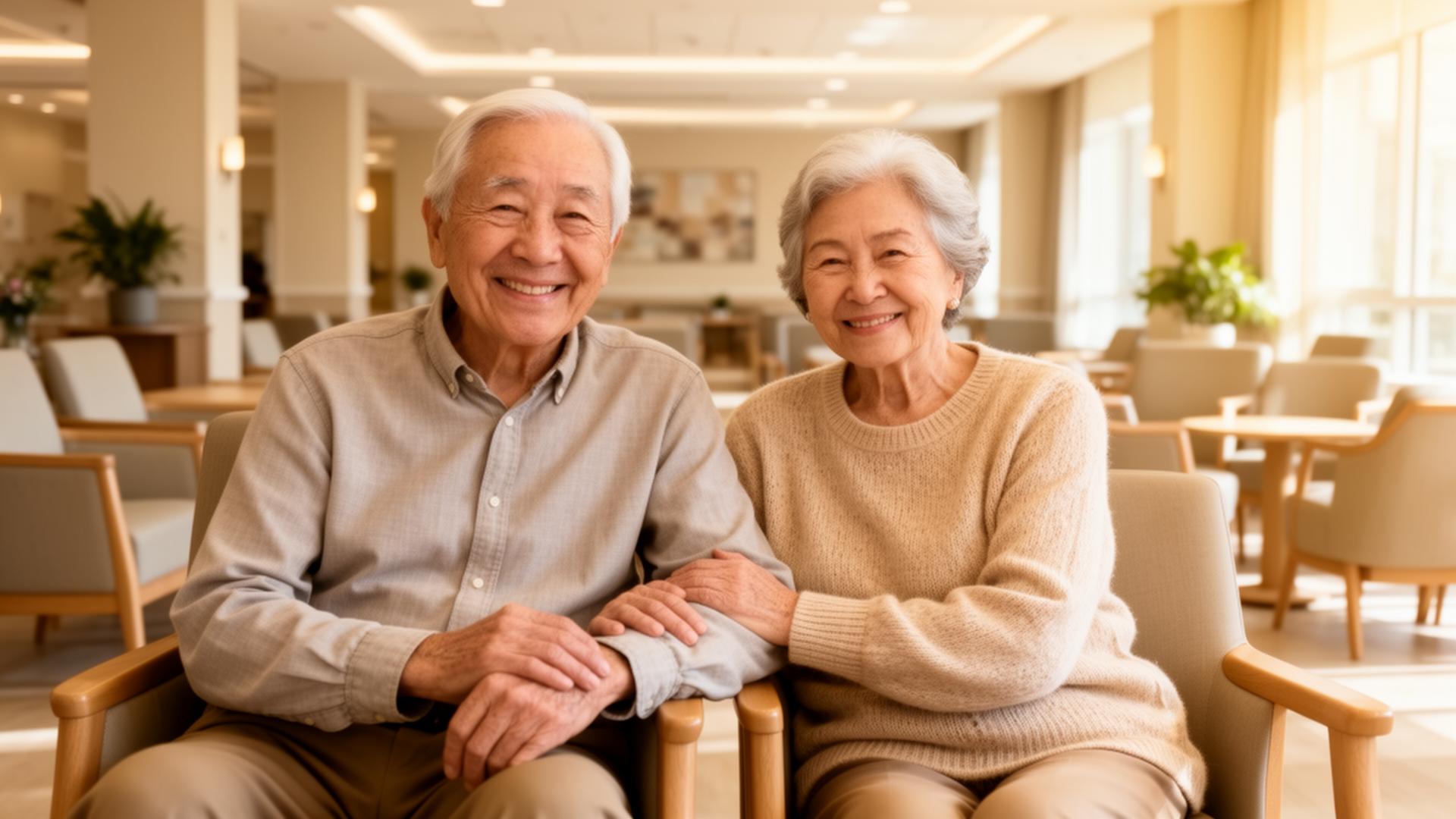 Smiling seniors in a bright care residence